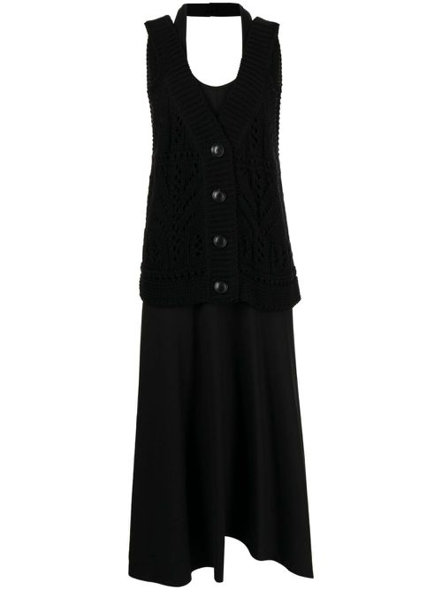 Crochet-panel layered dress - Black