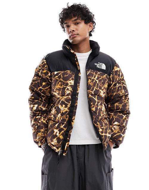 1996 Nuptse down puffer jacket in brown abstract print-Gray