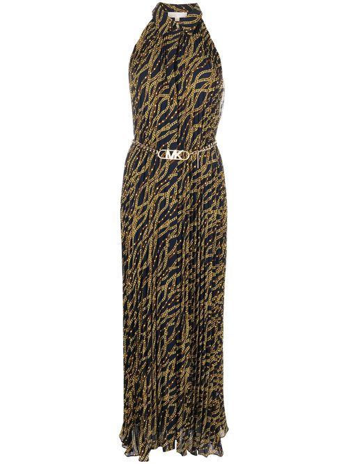 Status-print belted dress - Blue