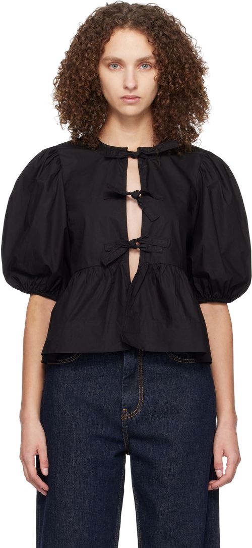 Black Cotton Poplin Peplum Tie Blouse