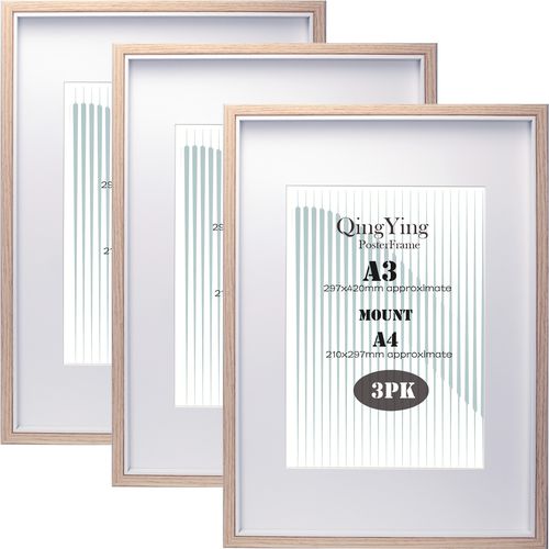 TEMU A3 Wooden & White 2 Tone Picture Frames Set With Double Mounts For A4 & 6x8" Photo, A4 Photo Frames For 3pack, A3 Wooden Poster Frame With