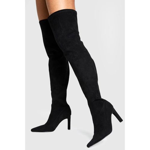 Boohoo Women's Thigh Stretch Faux Suede Over The Knee Heeled Boots in Black