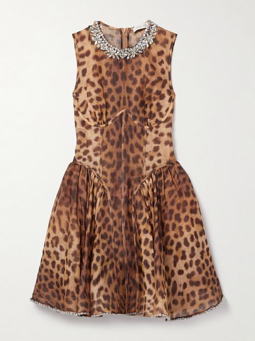 Crush Crystal-embellished Paneled Leopard-print Linen And Silk-blend Mini Dress - Animal print