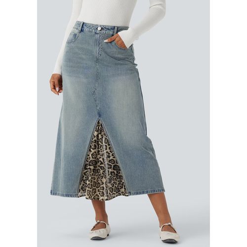 Halara Halara Flex™ Mid Rise Contrast Leopard Mesh Midi Denim Casual A-line Skirt with Pockets - Sunset Blue Denim - XSregular
