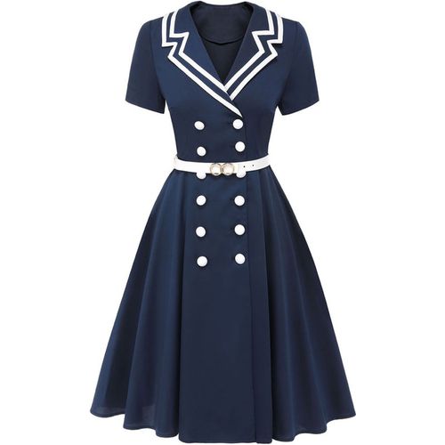 Vintage Sailor Style Double Breasted Dress Dark Blue