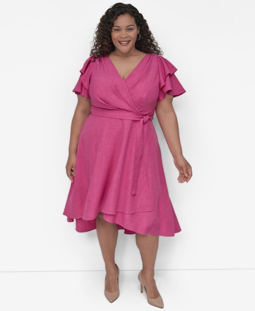 Dkny | Plus Size Surplice Flutter-Sleeve Fit & Flare Dress - Vivid Pink |  Realry