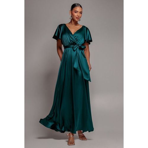 Goddiva Satin Flutter Sleeve Wrap Maxi Dress - Emerald Green