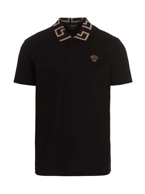 Greca-Collar Cotton Piqué Polo Shirt — Black