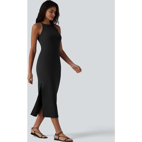 Halara Ribbed Knit Round Neck Midi Casual Slip Dress - Black
