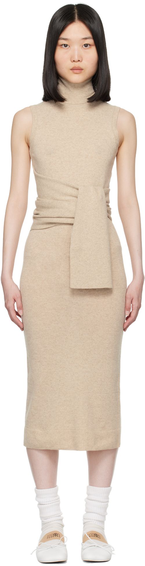 MM6 Maison Margiela Beige Belted Midi Dress