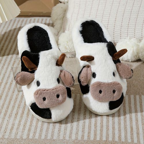 TEMU Women's Slip- Shoes - Cute Cow Design With Brown Spots, Soft Indoor/outdoor Slippers, Non-slip Tpr Sole, Cozy Farmhouse Footwear For Home, Far