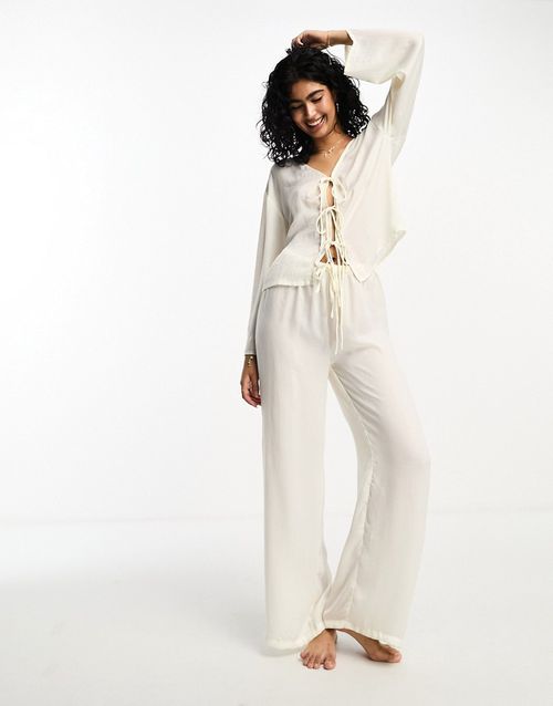 Tie front oversized top and pants pajama set in off white