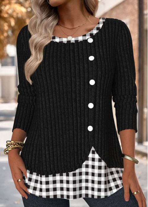 Modlily Black Plaid Long Sleeve Round Neck T Shirt