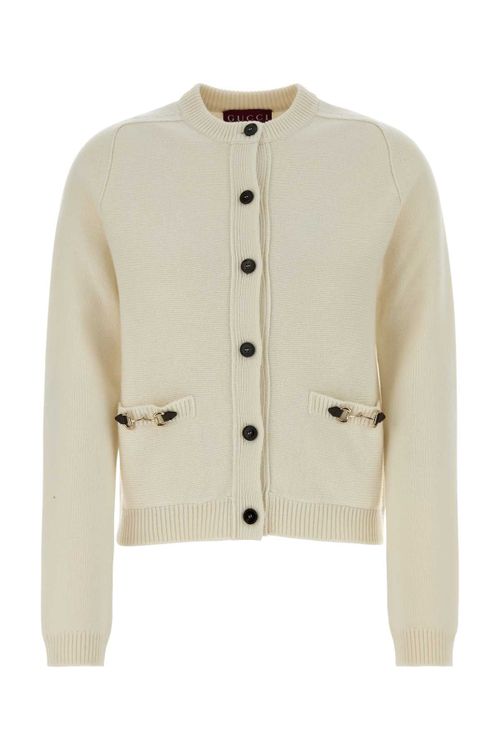 Wool Blend with Contrast Buttons Cardigan — White