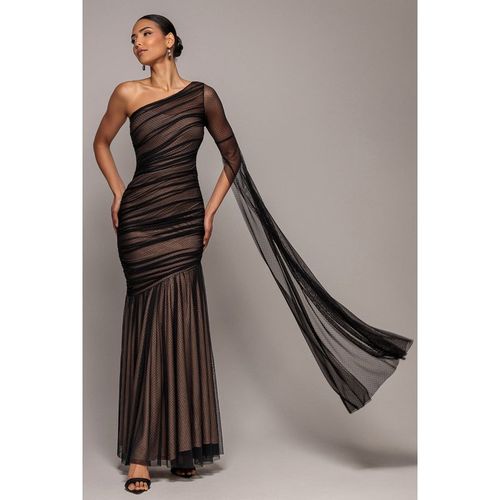 Goddiva Gathered One Sleeve Angel Wing Mermaid Maxi Dress - Black