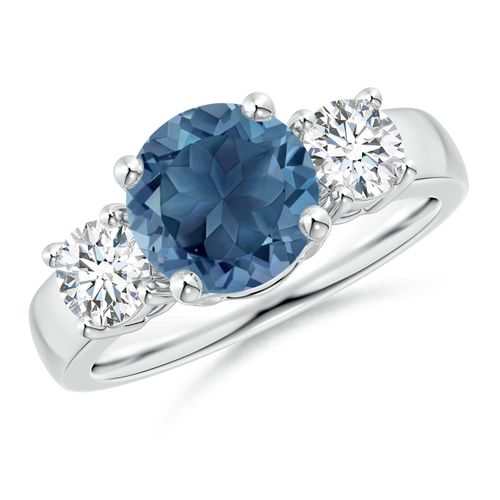 Angara 2.35 Carats Classic Round London Blue Topaz and Diamond Three Stone Engagement Ring in Silver
