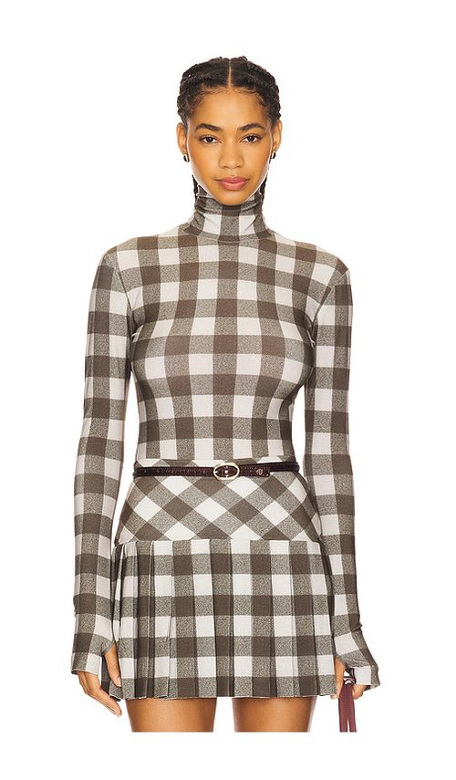 Norma Kamali Slim Fit Long Sleeve Turtleneck Top in Bark Box Plaid.  XS also in L
