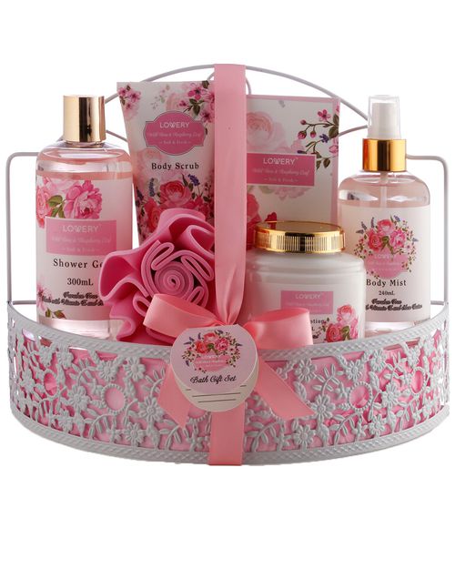 Home Wild Rose & Raspberry Leaf Scent Spa Gift Basket with Shower Caddy