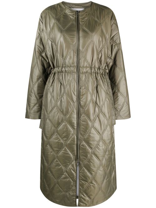 Shiny quilted long coat - Green