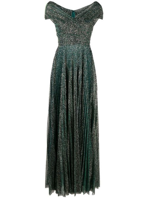 Beaded off-shoulder voile gown - Green