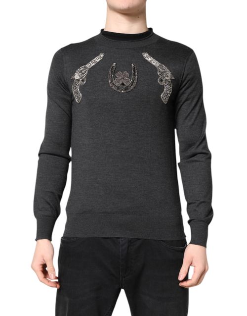 Embroidered Cashmere Crew Neck Sweater — Gray