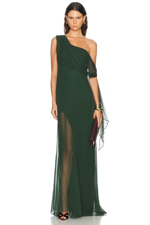 The Sei Chiffon Tie Draped Gown in Bottle - Green. 8 also
