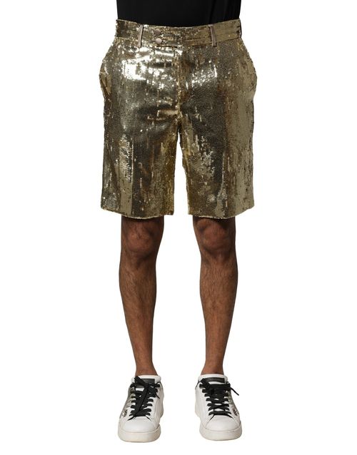 Sequin-Embellished Bermuda Shorts — Gold