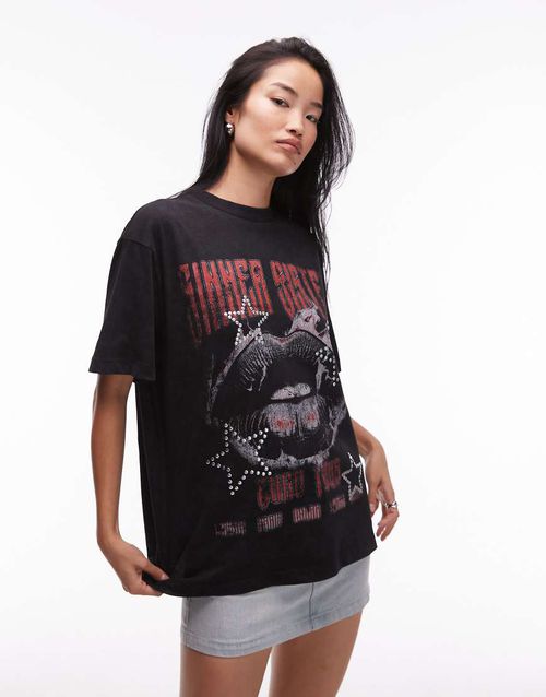 Oversized T-shirt with band graphic in washed charcoal-Grey