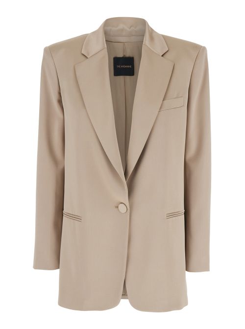 Wool Blend Shoulder-Padded Blazer — Beige
