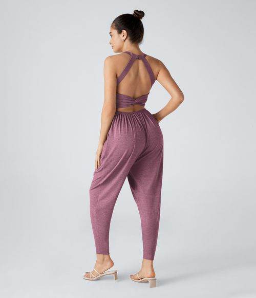 U Neck Pocket Harem Casual Jumpsuit-Easy Peezy Edition  - Red Violet Floral Yarn