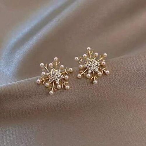 1 Pair Elegant Snowflake Design Artificial Pearls Inlaid Glass Earrings For Women - Zinc Alloy Posts, Copper Earrings For Daily Commuting & Holiday Gi