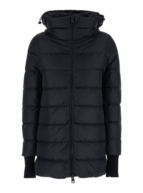 Long Black Down Jacket With Hood In Nylon Woman