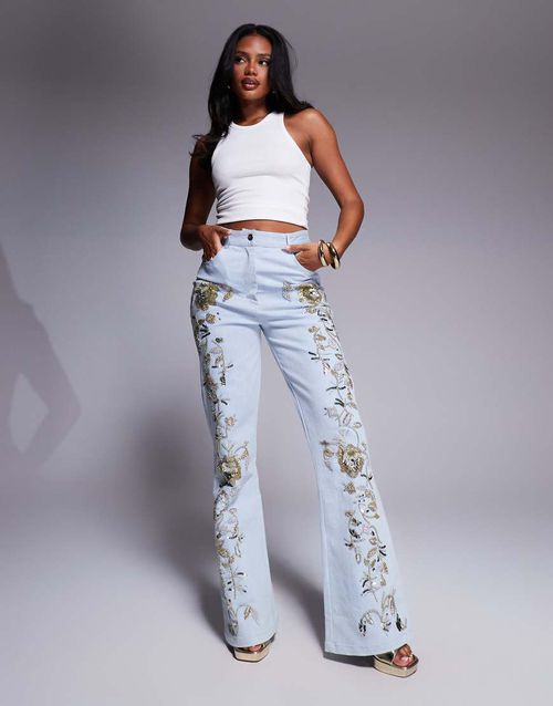 Premium embellished gold denim jeans in mid wash blue