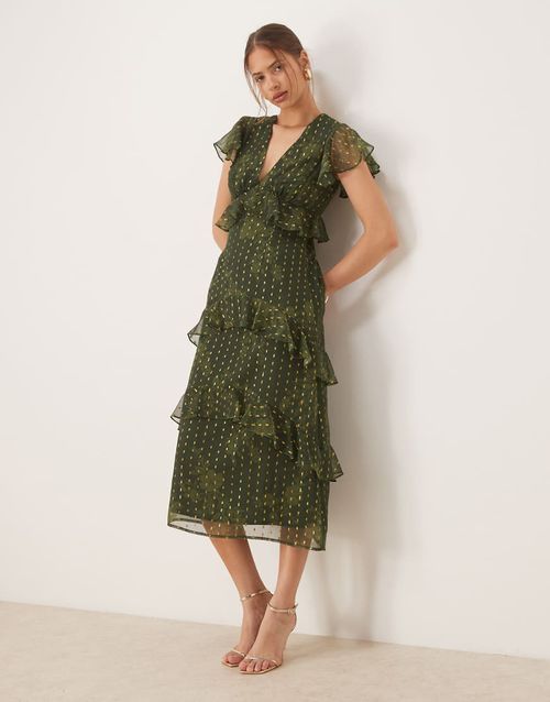 Metallic accent floral v neck midi dress in green