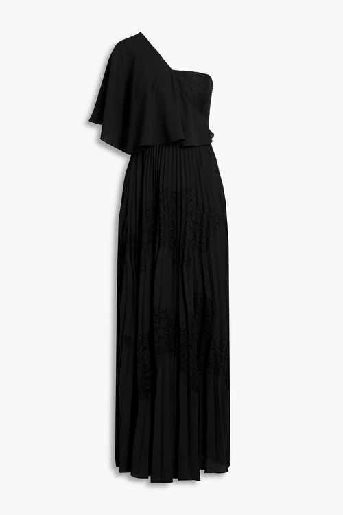 One-shoulder pleated crepe and lace maxi dress - Black - US 6