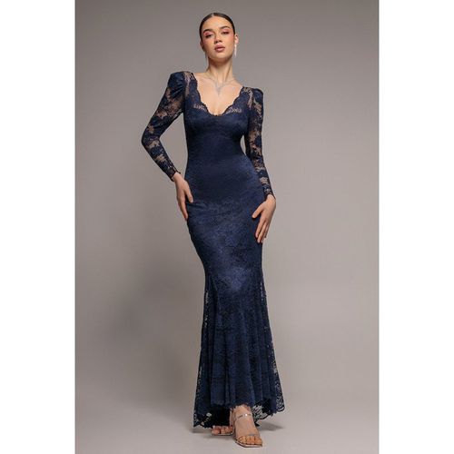 Goddiva Fit & Flare Scallop Lace V Neck Maxi Dress - Navy Blue