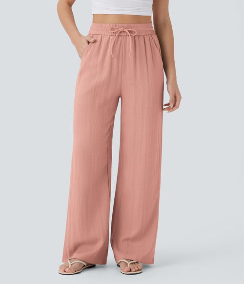 High Waisted Drawstring Pocket Wide Leg Casual Linen-Feel Pants  - Grapefruit Orange