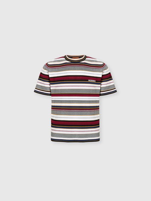 Missoni - T-shirt girocollo in cotone rigato con scritta logo ricamata, Uomo, Beige& Bianco