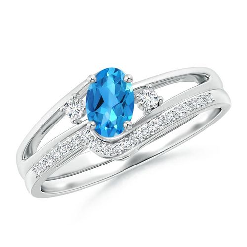 Angara 0.54 Carat Oval Swiss Blue Topaz and Diamond Bridal Set in Platinum