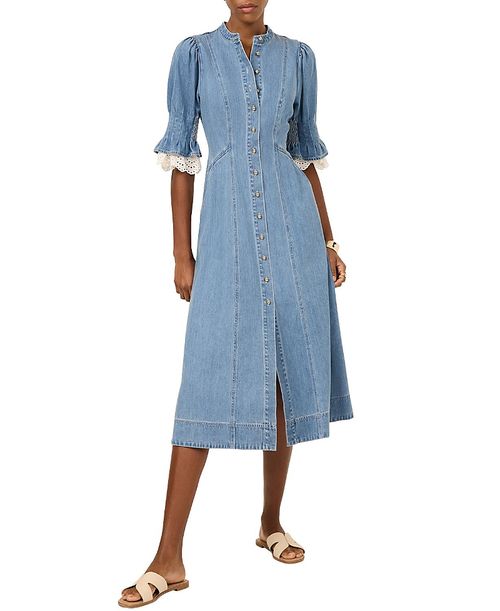 Women's Denim Crochet Trim Midi Dress
