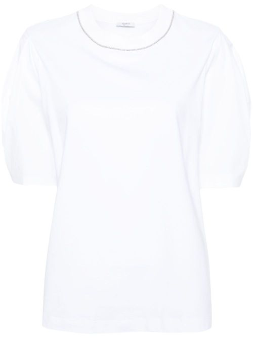 Bead-trim stretch-cotton T-shirt - White
