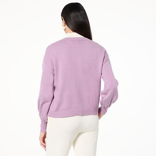 WynneCollection Sweater Knit Cardigan with Beaded Pockets - Dusty Lavender