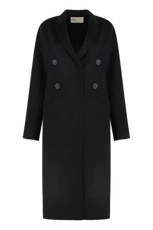 Classic Wool Coat with Horn-Button Double-Breasted Detail
