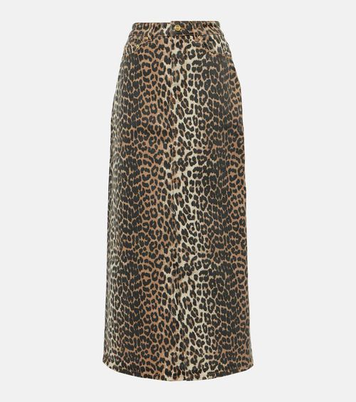 Leopard-print denim maxi skirt
