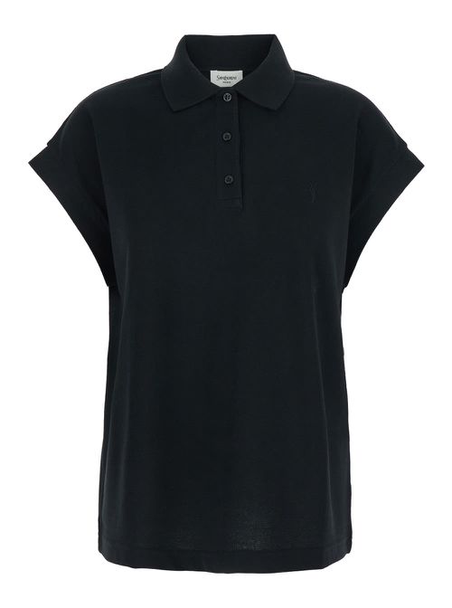 Black Sleeveless Polo Shirt With Classic Collar And Cassandre Embroidery On The Front In Cotton Woman