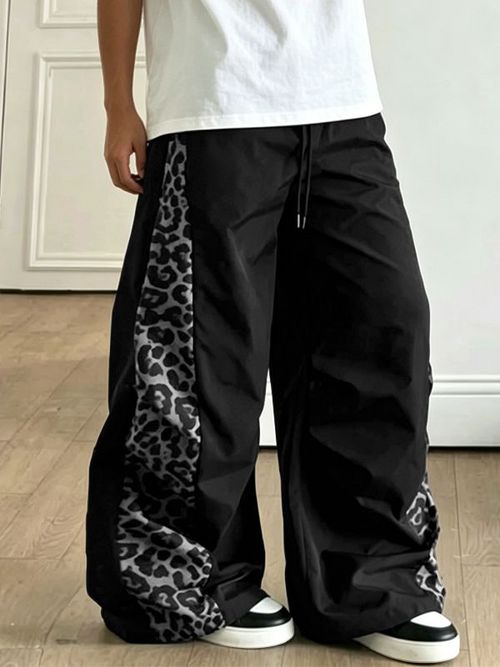 Men's Y2K Streetwear Leopard Print Side Stripe Oversized Baggy Track Pant SKUL69082 - Black / S