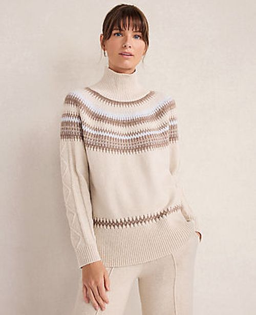 Ann Taylor Haven Well Within Organic Cotton Blend Fair Isle Cable Mock Neck Sweater