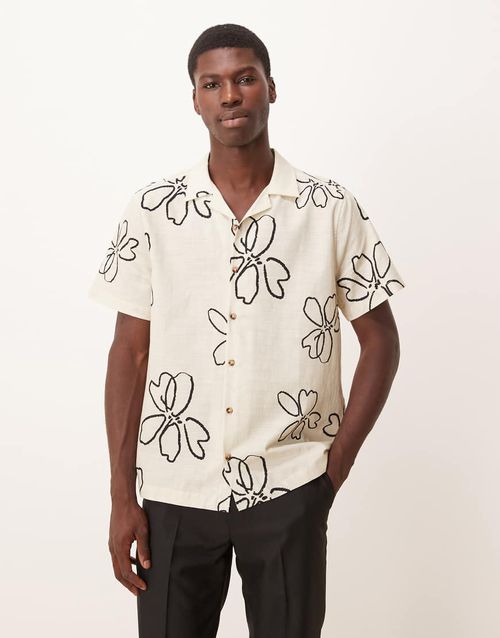 Oversized camp collar shirt with floral print in beige-Neutral