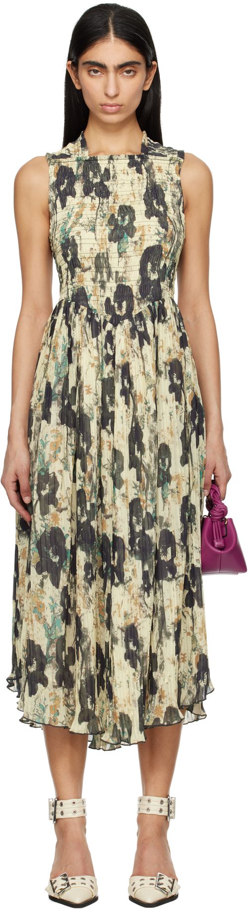 GANNI Beige & Black Printed Pleats Smock Straps Midi Dress