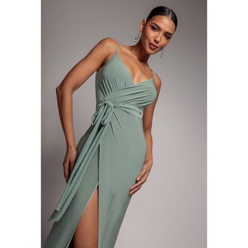Goddiva Wrap Front Maxi Slip Dress With Waist Tie-Up - Dark Sage